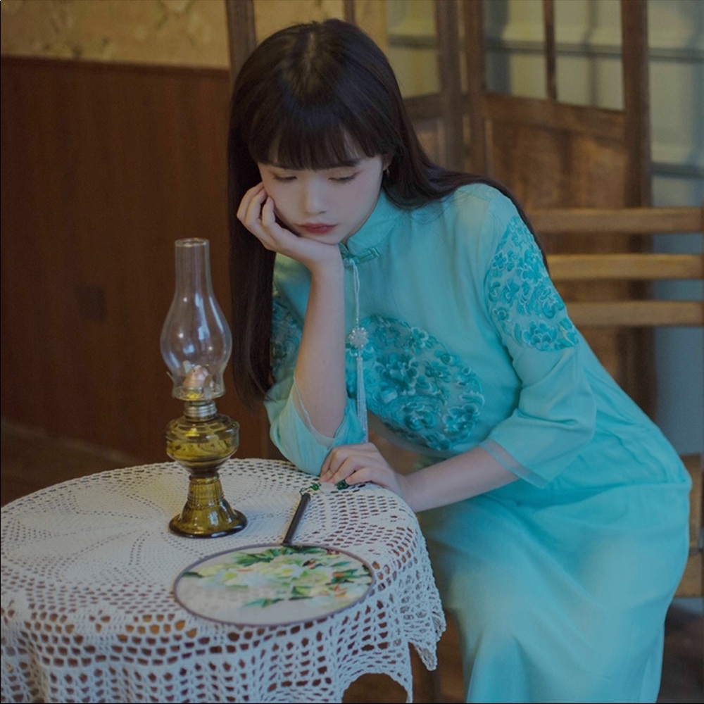 Chinese embroidery dress turquoise